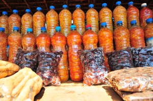 Cut fruits in recycled plastic bottles