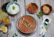 Coconut chicken with rice and tomato salad