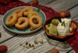 Malagasy donuts with lychee and pistachio ice cream